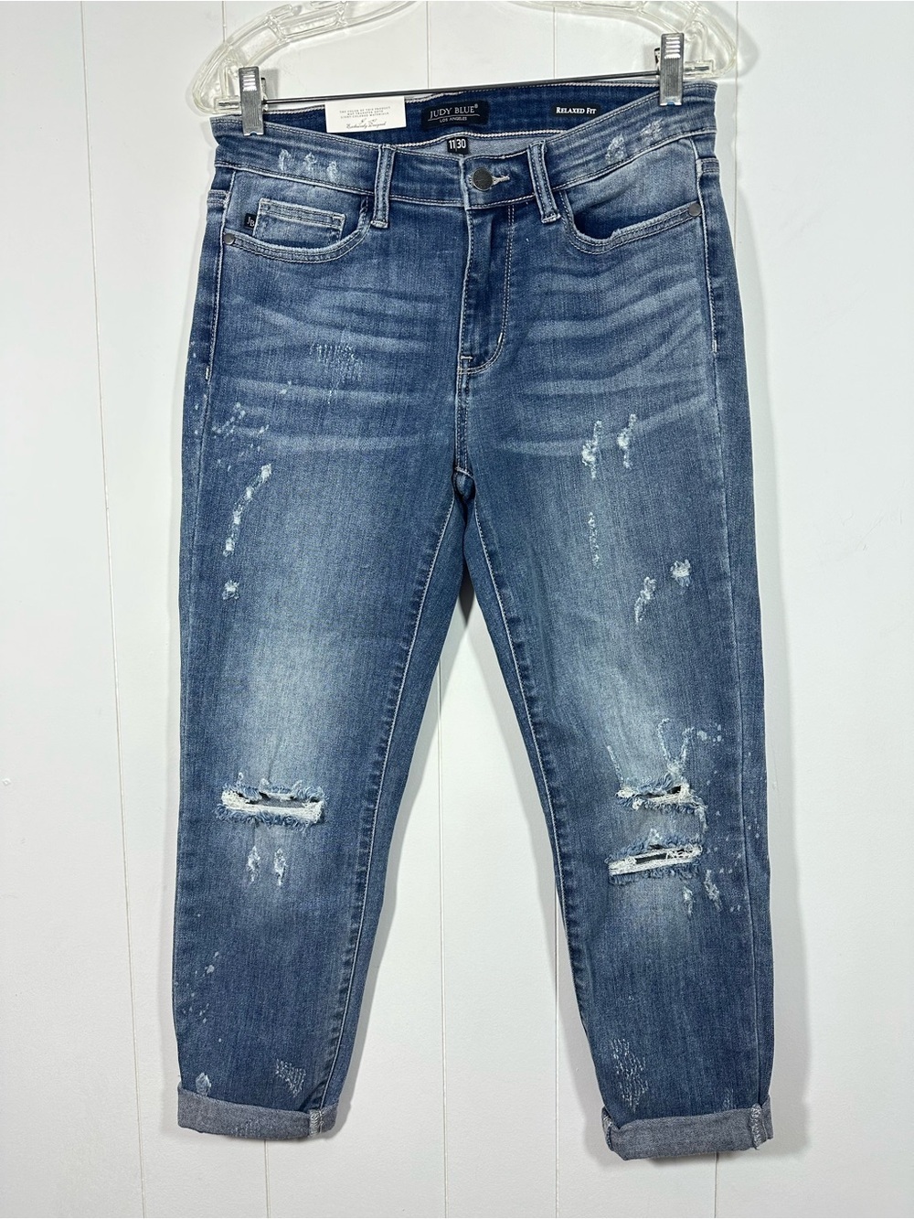 NWT Judy Blue 11/30 Relaxed Fit Skinny Jeans Women Blue Distressed Stretch Denim